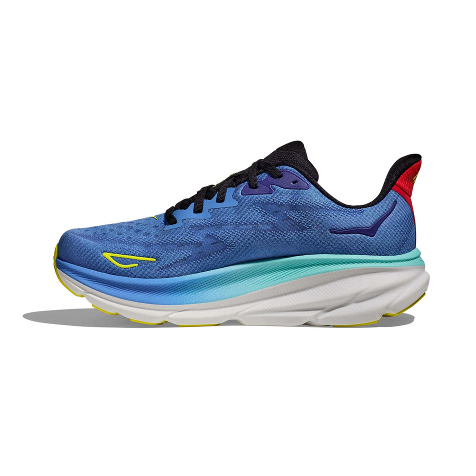 Medial side of the right shoe from a pair of HOKA Men's Clifton 9 Running Shoes in the Virtual Blue/Cerise colourway (8144918020258)