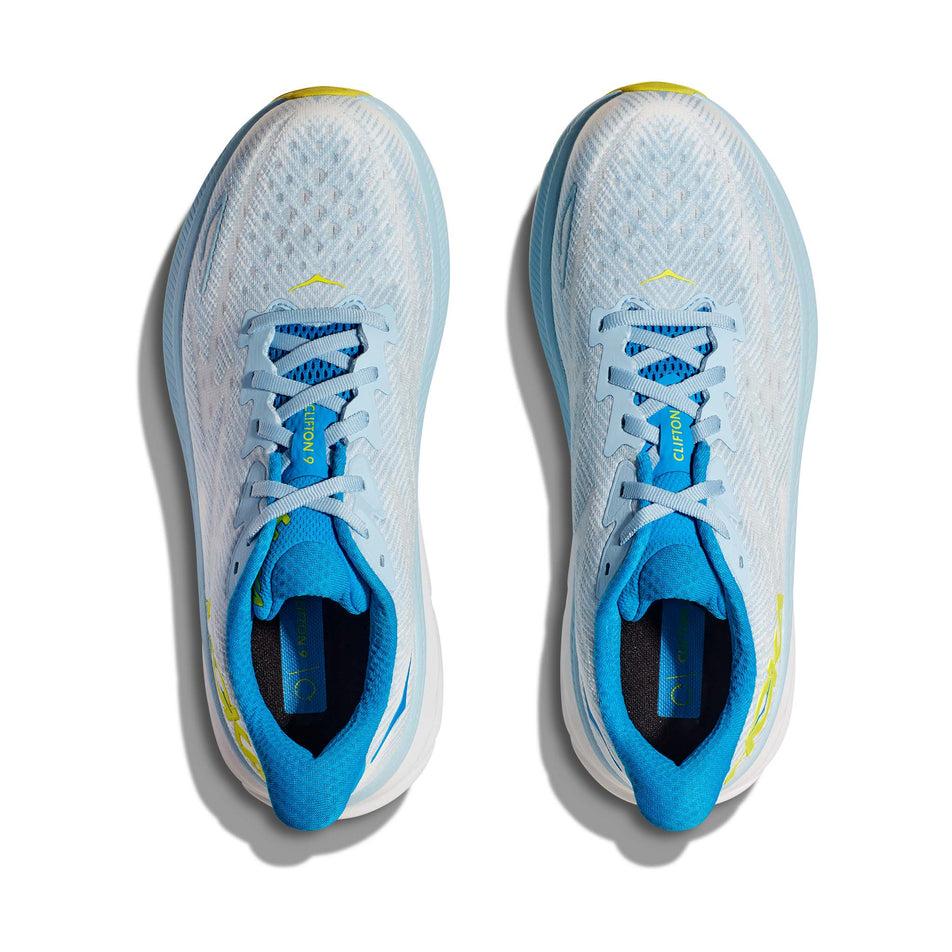 The uppers on a pair of HOKA Men's Clifton 9 Running Shoes in the Ice Water/Evening Primrose colourway (8064392921250)