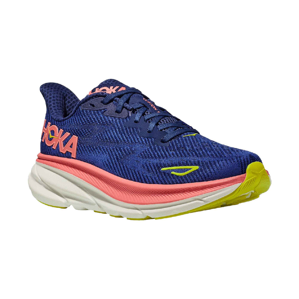 Lateral side of the right shoe from a pair of HOKA Women's Clifton 9 Running Shoes in the Evening Sky/Coral colourway (8144922411170)