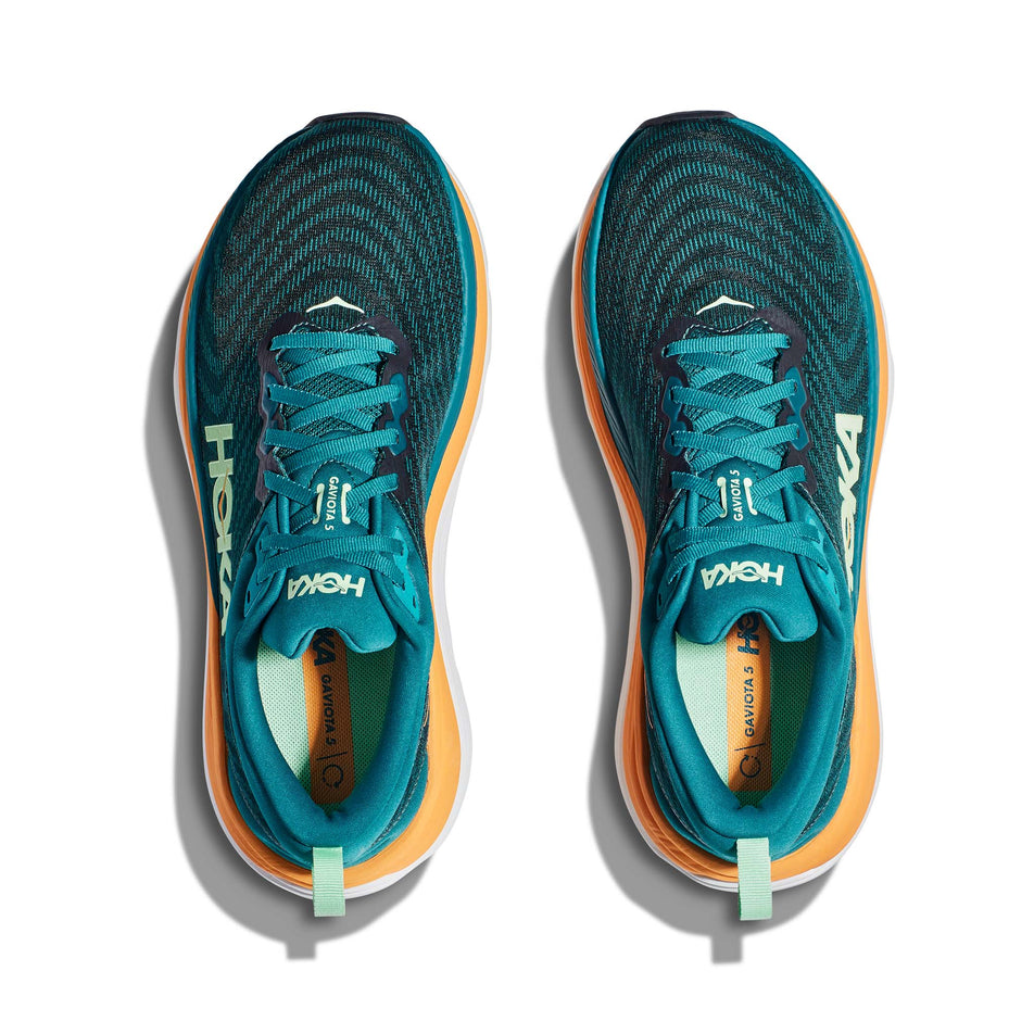 The uppers on a pair of Hoka Men's Gaviota 5 Running Shoes in the Deep Lagoon/Sherbet colourway (7922038177954)