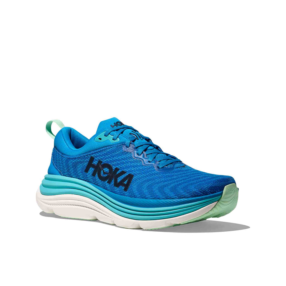Lateral view of the right shoe from a pair of HOKA Men's Gaviota 5 Running Shoes in the Hoka Blue/Cielo Blue colourway. (8580382752930)
