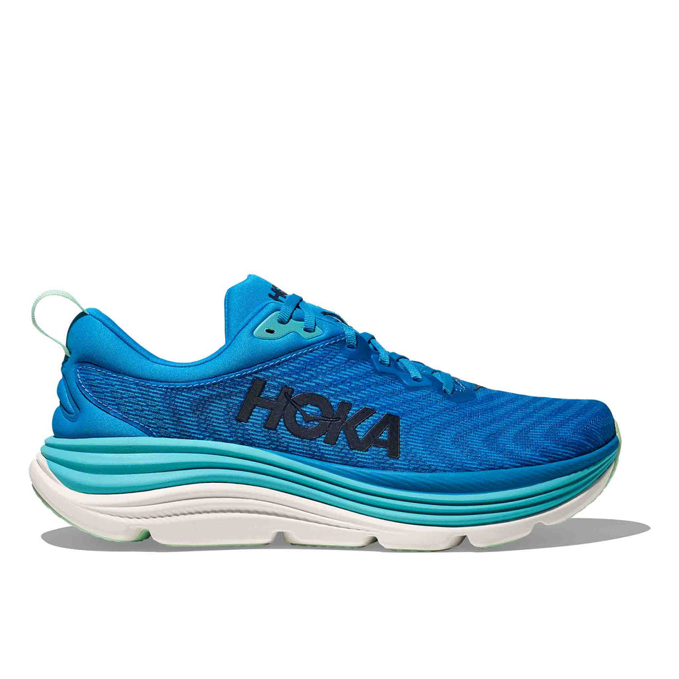 Lateral view of the right shoe from a pair of HOKA Men's Gaviota 5 Running Shoes in the Hoka Blue/Cielo Blue colourway. (8580382752930)