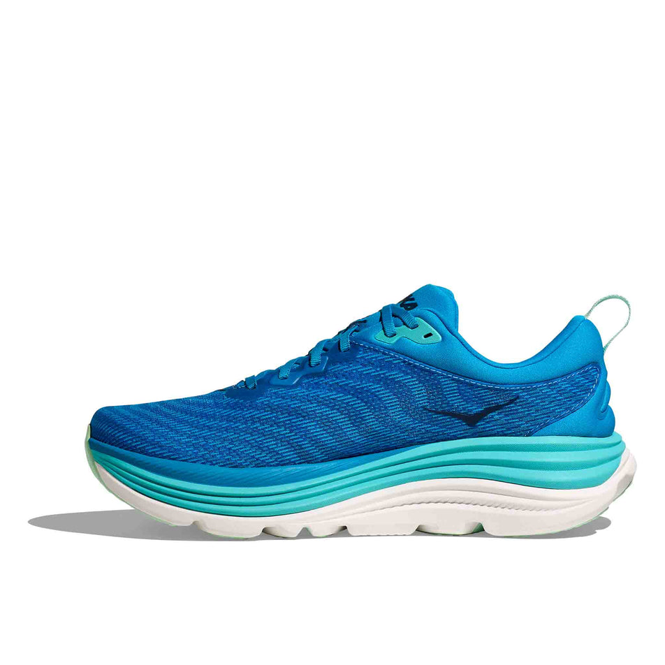 Medial view of the right shoe from a pair of HOKA Men's Gaviota 5 Running Shoes in the Hoka Blue/Cielo Blue colourway. (8580382752930)
