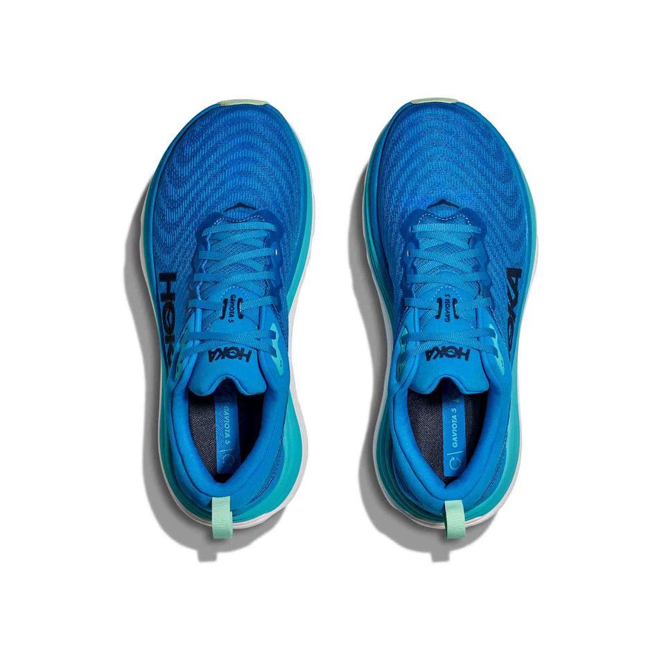 The uppers of a pair of HOKA Men's Gaviota 5 Running Shoes in the Hoka Blue/Cielo Blue colourway. (8580382752930)