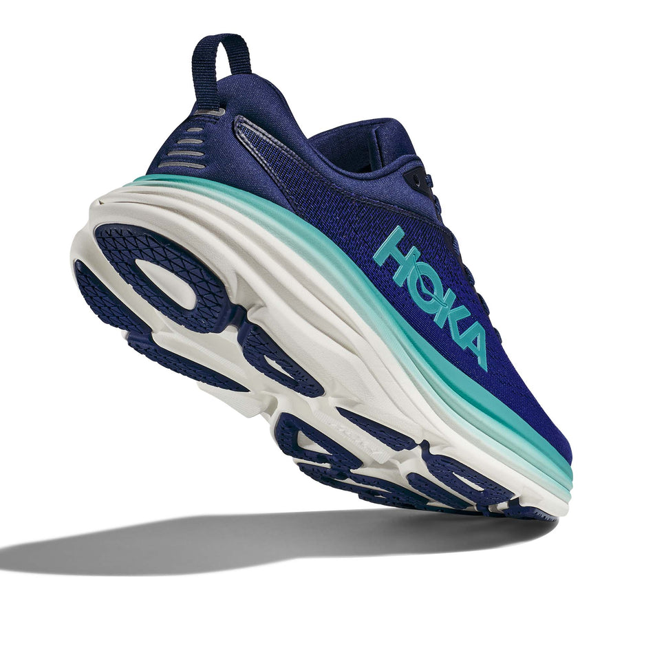 A view of the majority of the outsole on the right shoe from a pair of Hoka Women's Bondi 8 Running Shoes in the Bellweather Blue/Evening Sky colourway (7922052792482)