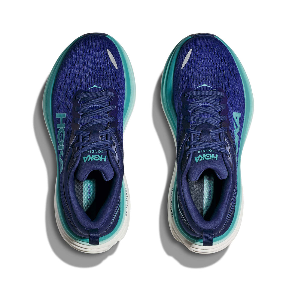 The uppers on a pair of Hoka Women's Bondi 8 Running Shoes in the Bellweather Blue/Evening Sky colourway (7922052792482)