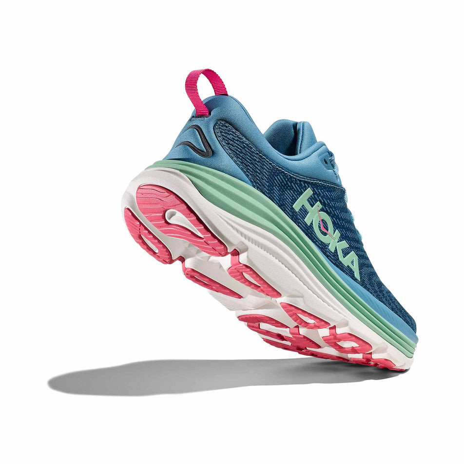 Lateral - and outsole - view of the right shoe from a pair of HOKA Women's Gaviota 5 Running Shoes in the Alpine Blue/Jadeite colourway. (8689329995938)
