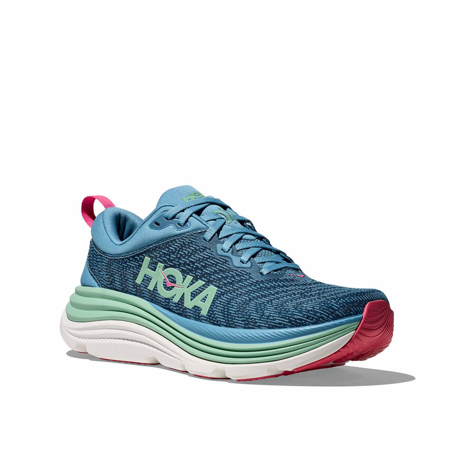 Lateral view of the right shoe from a pair of HOKA Women's Gaviota 5 Running Shoes in the Alpine Blue/Jadeite colourway. (8689329995938)
