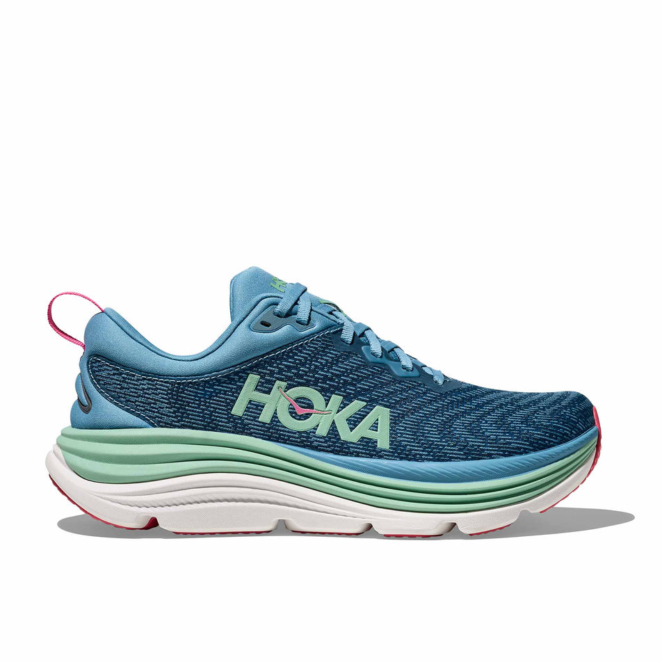 Lateral view of the right shoe from a pair of HOKA Women's Gaviota 5 Running Shoes in the Alpine Blue/Jadeite colourway. (8689329995938)