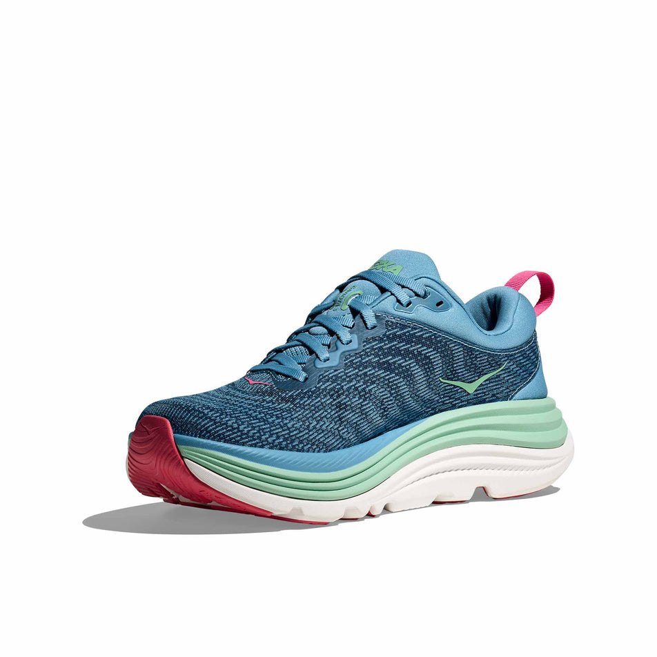 Medial view of the right shoe from a pair of HOKA Women's Gaviota 5 Running Shoes in the Alpine Blue/Jadeite colourway. (8689329995938)