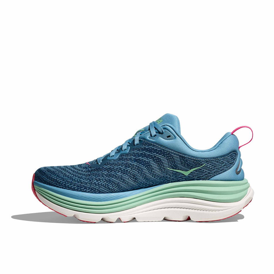 Medial view of the right shoe from a pair of HOKA Women's Gaviota 5 Running Shoes in the Alpine Blue/Jadeite colourway. (8689329995938)