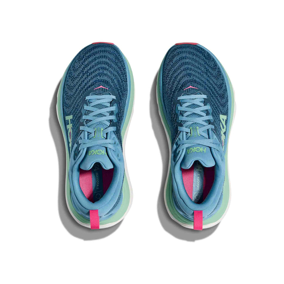 The uppers of a pair of HOKA Women's Gaviota 5 Running Shoes in the Alpine Blue/Jadeite colourway. (8689329995938)