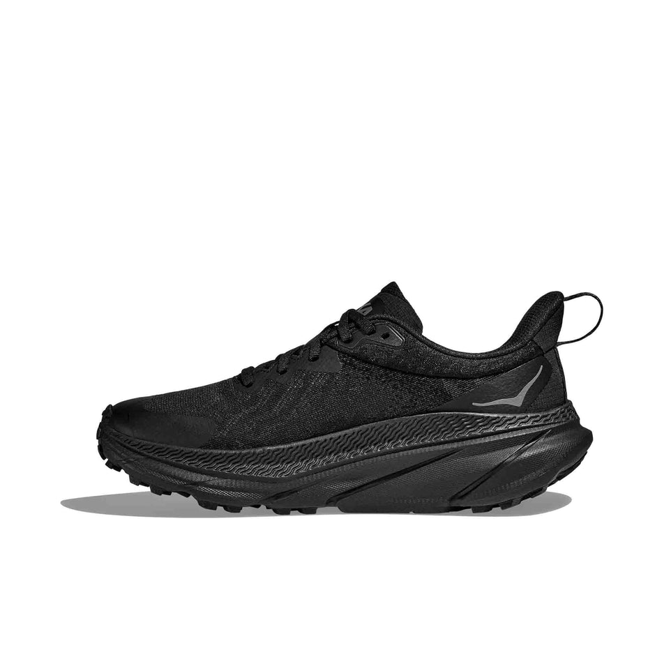 Medial side of the right shoe from a pair of HOKA Women's Challenger 7 GORE-TEX Running Shoes in the Black/Black colourway (8473850937506)