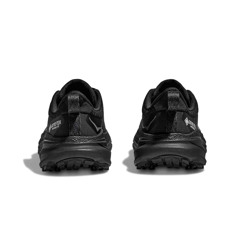 The back of a pair of HOKA Women's Challenger 7 GORE-TEX Running Shoes in the Black/Black colourway (8473850937506)
