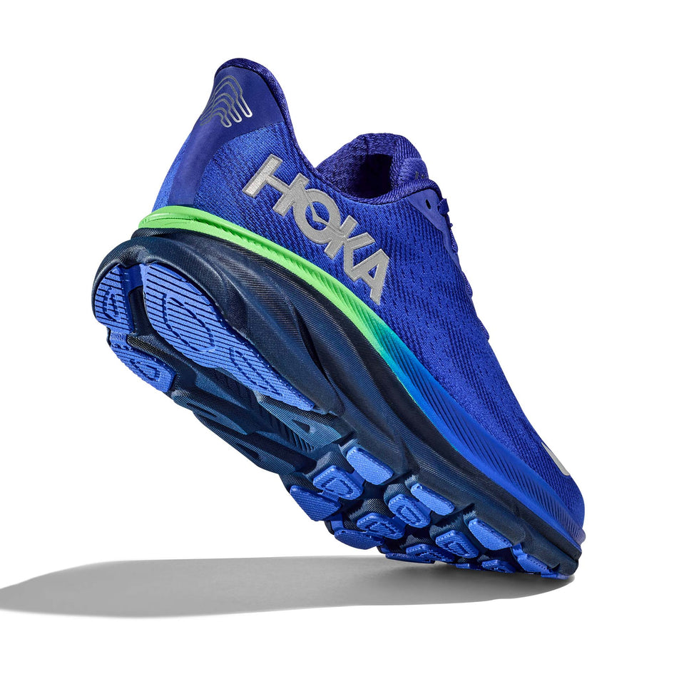 A view of most of the outsole on the right shoe from a pair of Hoka Men's Clifton 9 GTX Running Shoes in the Dazzling Blue/Evening Sky colourway (7922027266210)