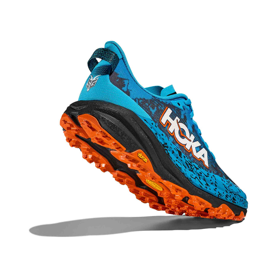 Lateral - and outsole - view of the right shoe from a pair of HOKA Men's Speedgoat 6 Running Shoes in the Skyward Blue/Black colourway. (8689248731298)
