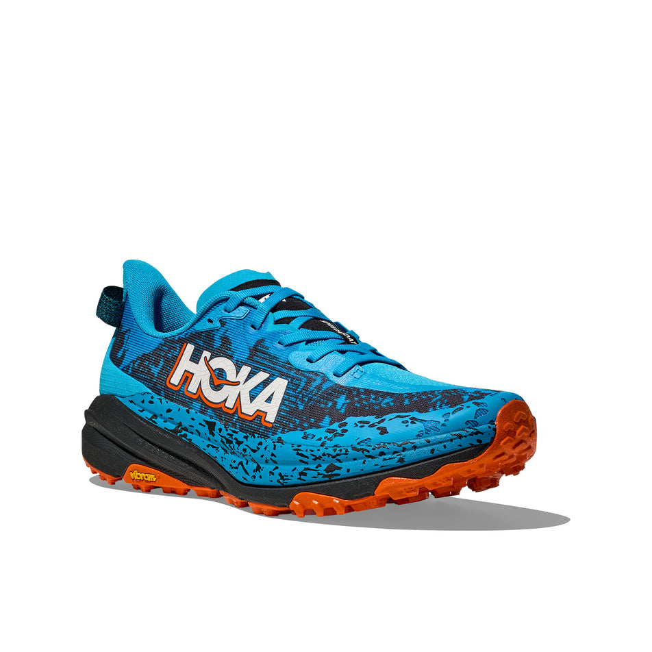 Lateral view of the right shoe from a pair of HOKA Men's Speedgoat 6 Running Shoes in the Skyward Blue/Black colourway. (8689248731298)