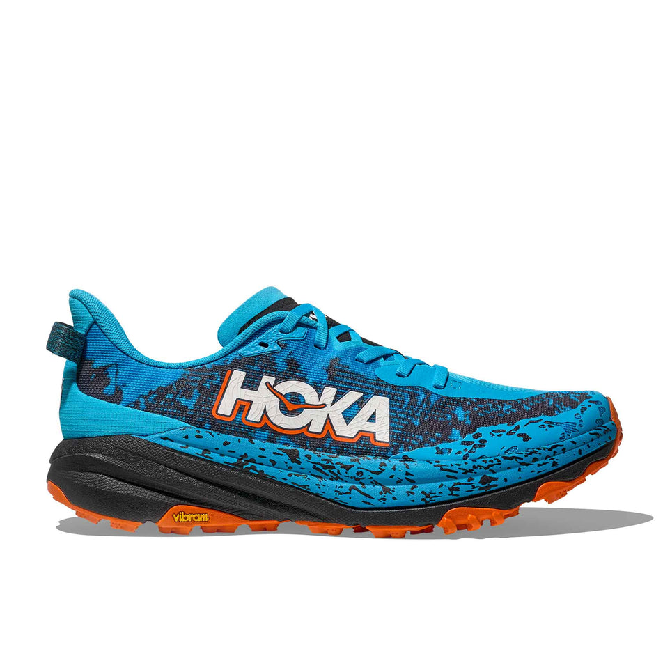 Lateral view of the right shoe from a pair of HOKA Men's Speedgoat 6 Running Shoes in the Skyward Blue/Black colourway. (8689248731298)