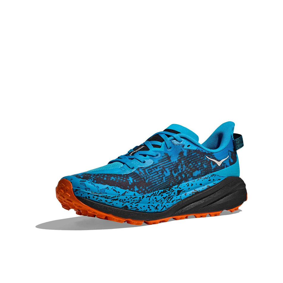 Medial view of the right shoe from a pair of HOKA Men's Speedgoat 6 Running Shoes in the Skyward Blue/Black colourway. (8689248731298)