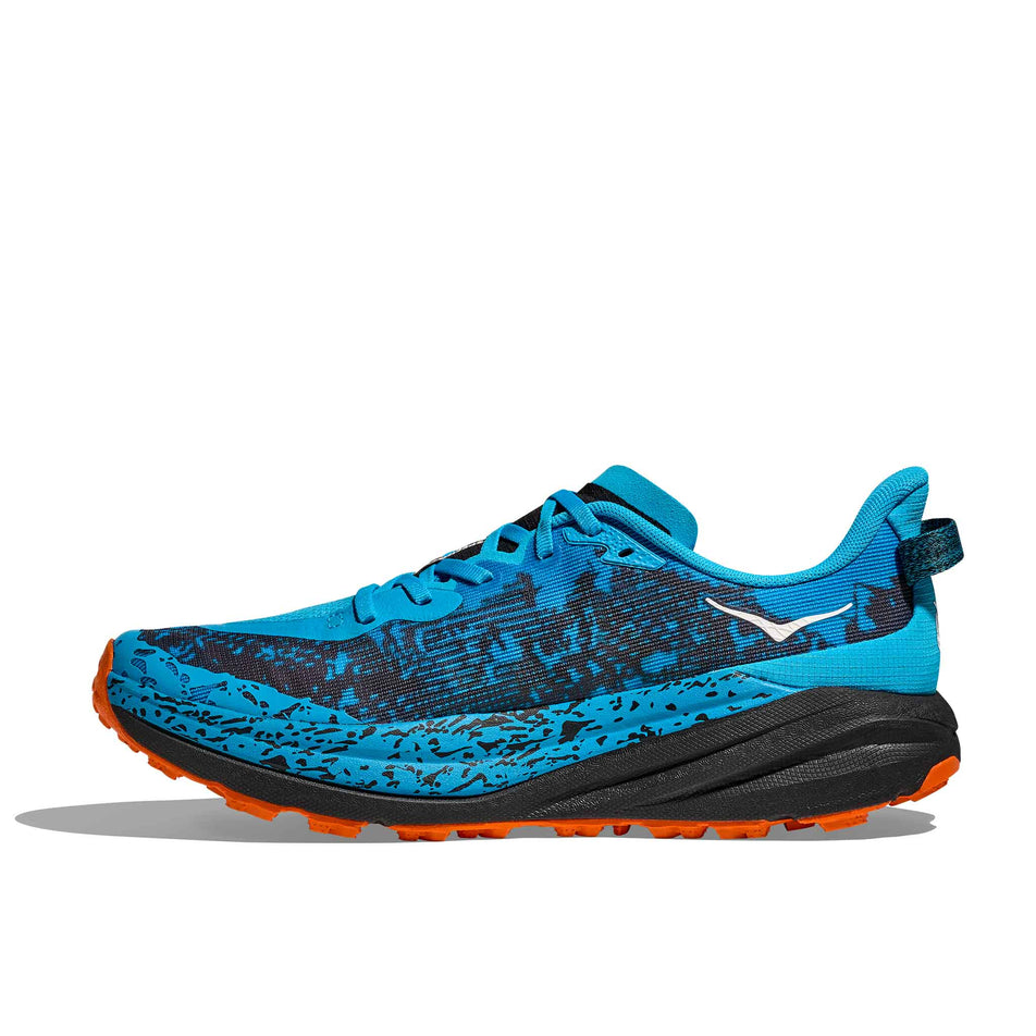 Medial view of the right shoe from a pair of HOKA Men's Speedgoat 6 Running Shoes in the Skyward Blue/Black colourway. (8689248731298)