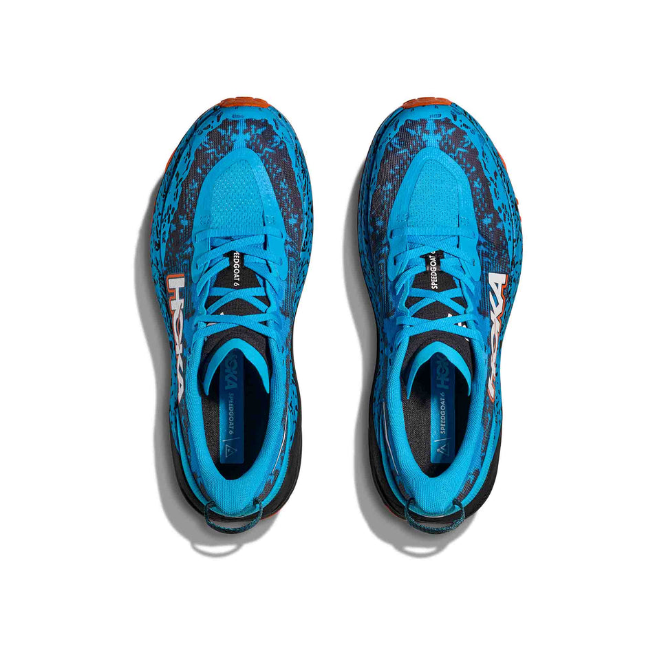 The uppers of a pair of HOKA Men's Speedgoat 6 Running Shoes in the Skyward Blue/Black colourway. (8689248731298)