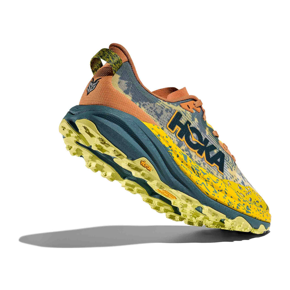 Lateral view - and outsole - of the right shoe from a pair of HOKA Men's Speedgoat 6 Running Shoes in the Terra Cotta/Mountain Fog colourway. (8580384161954)