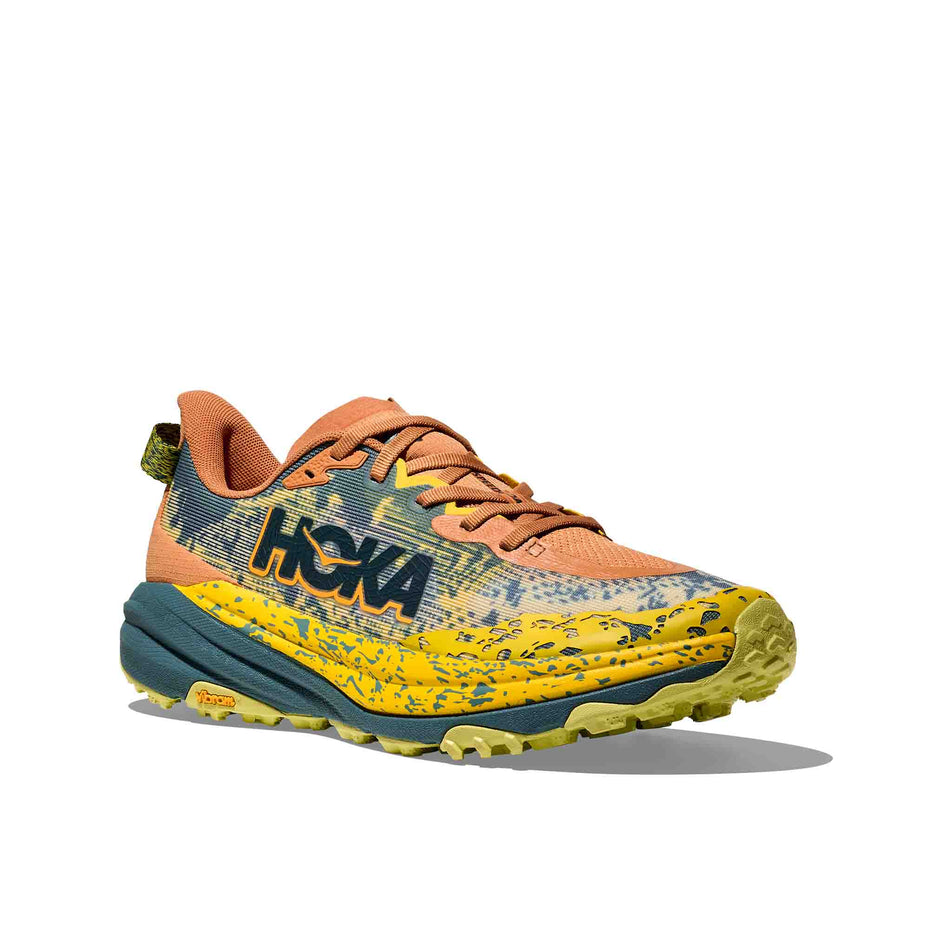 Lateral view of the right shoe from a pair of HOKA Men's Speedgoat 6 Running Shoes in the Terra Cotta/Mountain Fog colourway. (8580384161954)