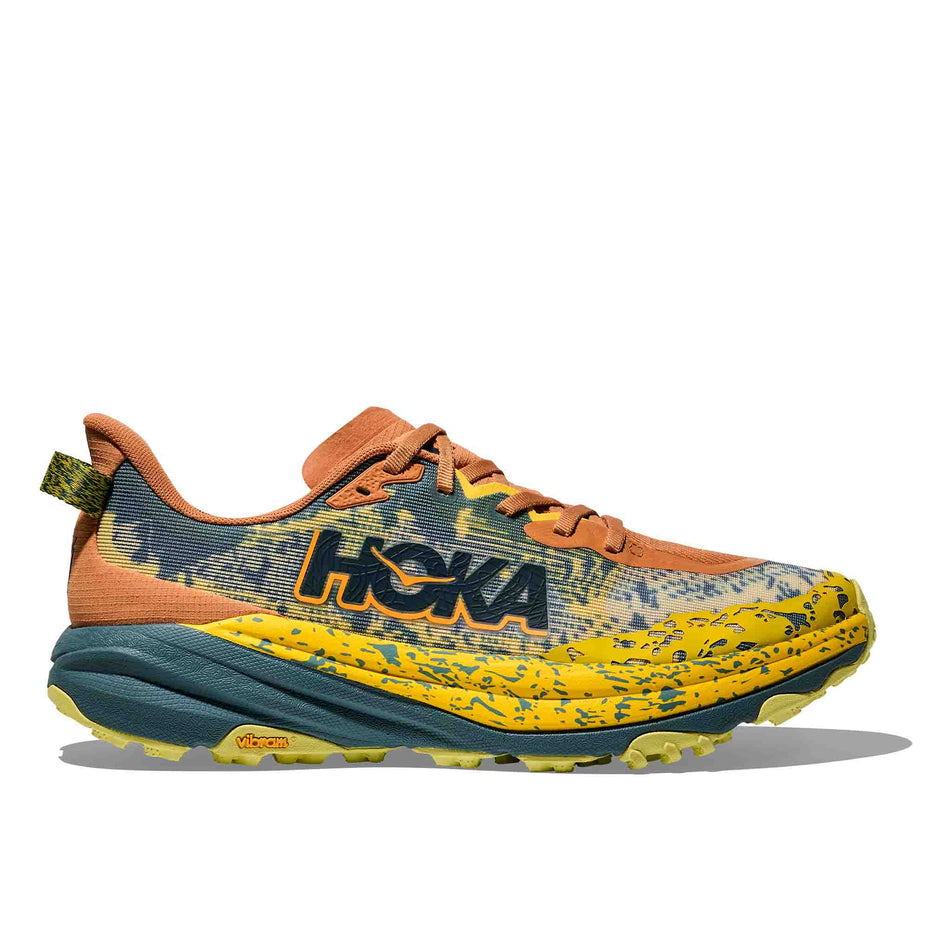 Lateral view of the right shoe from a pair of HOKA Men's Speedgoat 6 Running Shoes in the Terra Cotta/Mountain Fog colourway. (8580384161954)