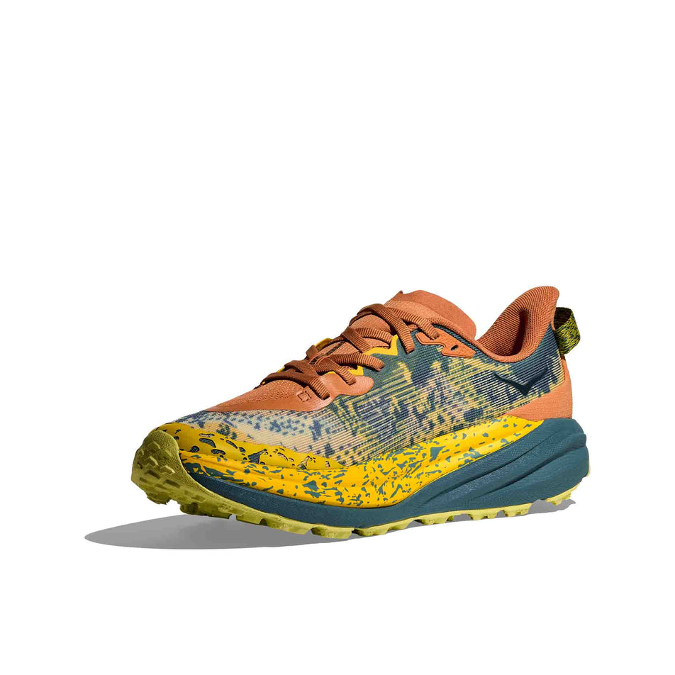 Medial view of the right shoe from a pair of HOKA Men's Speedgoat 6 Running Shoes in the Terra Cotta/Mountain Fog colourway. (8580384161954)