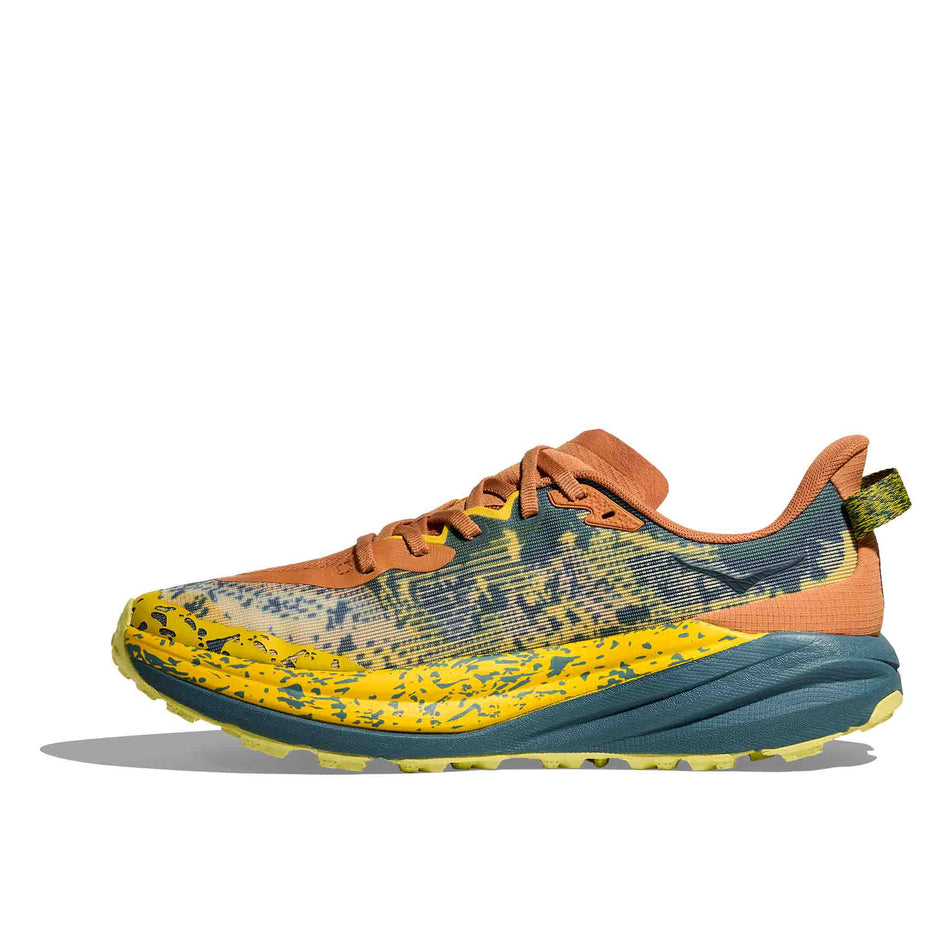 Medial view of the right shoe from a pair of HOKA Men's Speedgoat 6 Running Shoes in the Terra Cotta/Mountain Fog colourway. (8580384161954)