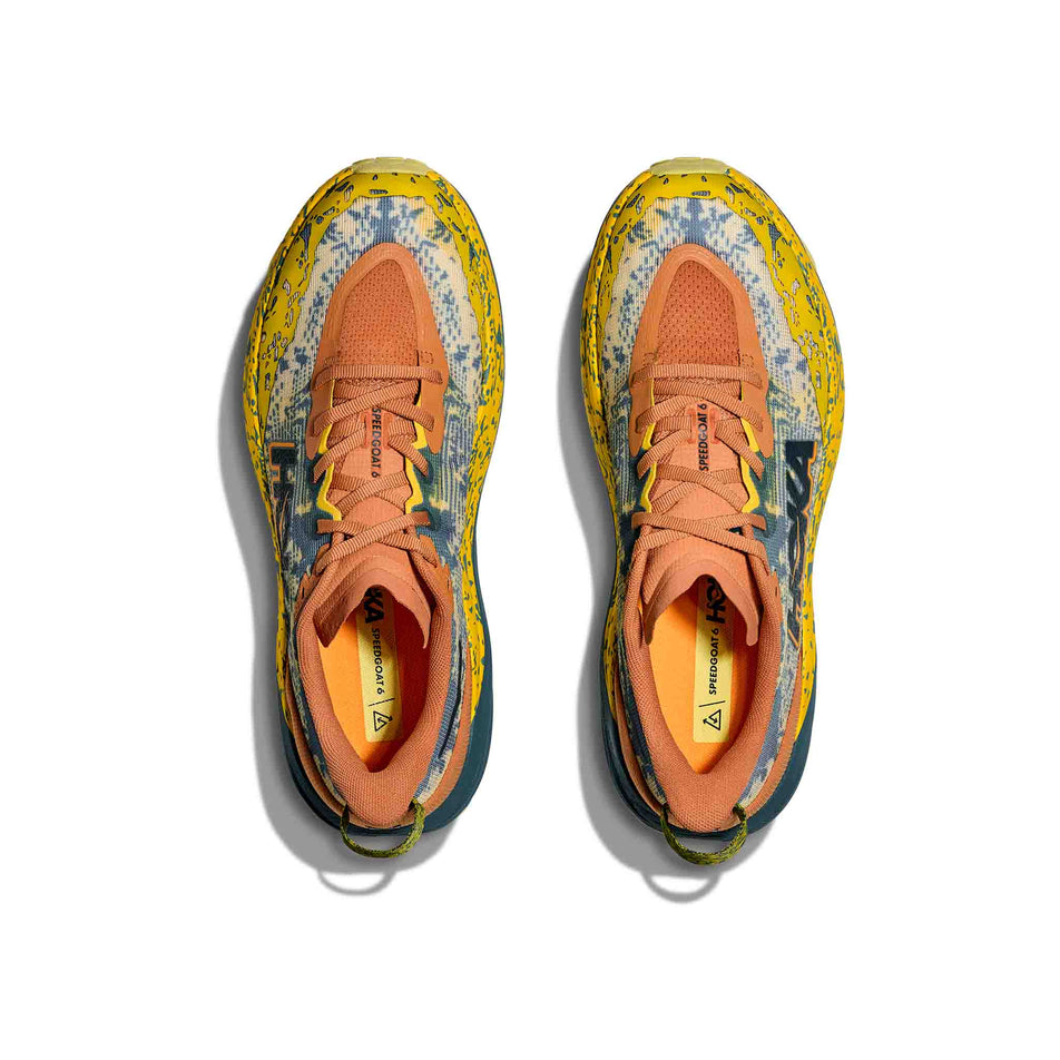 The uppers of a pair of HOKA Men's Speedgoat 6 Running Shoes in the Terra Cotta/Mountain Fog colourway. (8580384161954)
