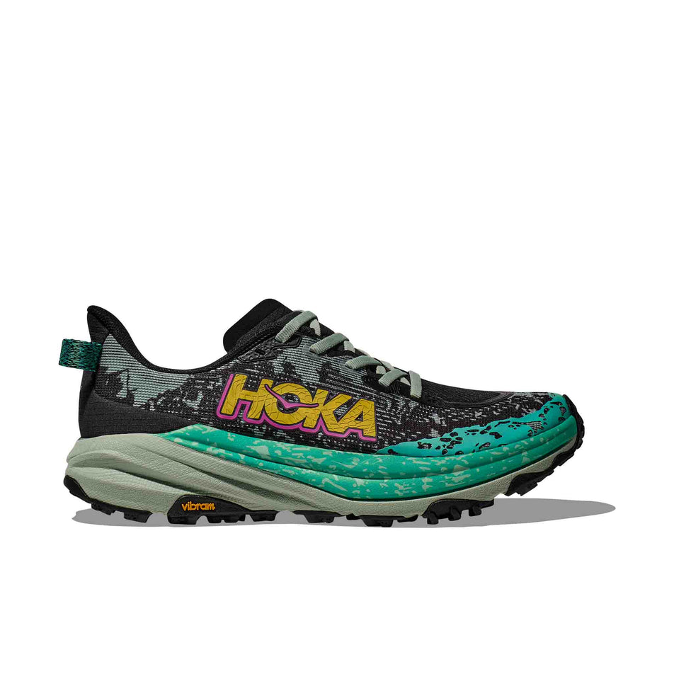 Lateral side of the right shoe from a pair of HOKA Women's Speedgoat 6 Running Shoes in the Black/Aloe Vera colourway (8400138567842)