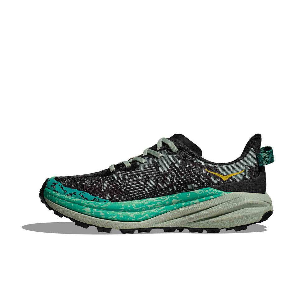 Medial side of the right shoe from a pair of HOKA Women's Speedgoat 6 Running Shoes in the Black/Aloe Vera colourway (8400138567842)