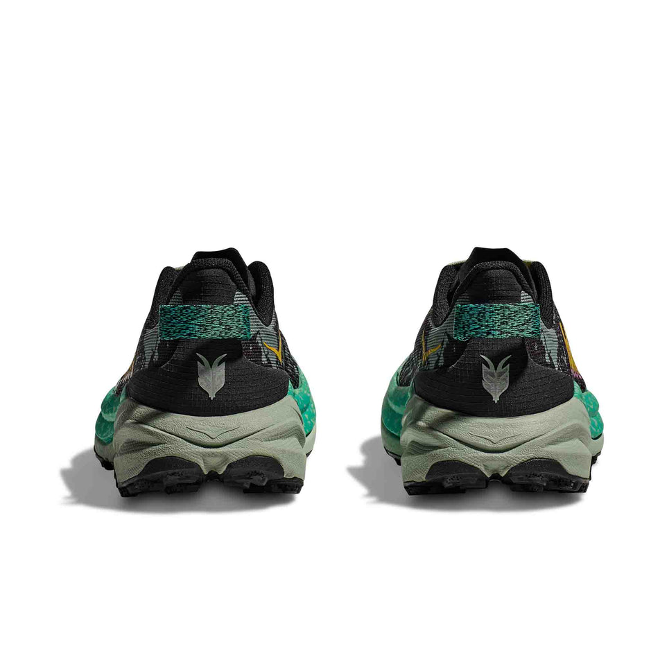 The back of a pair of HOKA Women's Speedgoat 6 Running Shoes in the Black/Aloe Vera colourway (8400138567842)