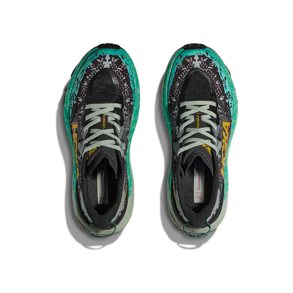 The uppers on a pair of HOKA Women's Speedgoat 6 Running Shoes in the Black/Aloe Vera colourway (8400138567842)
