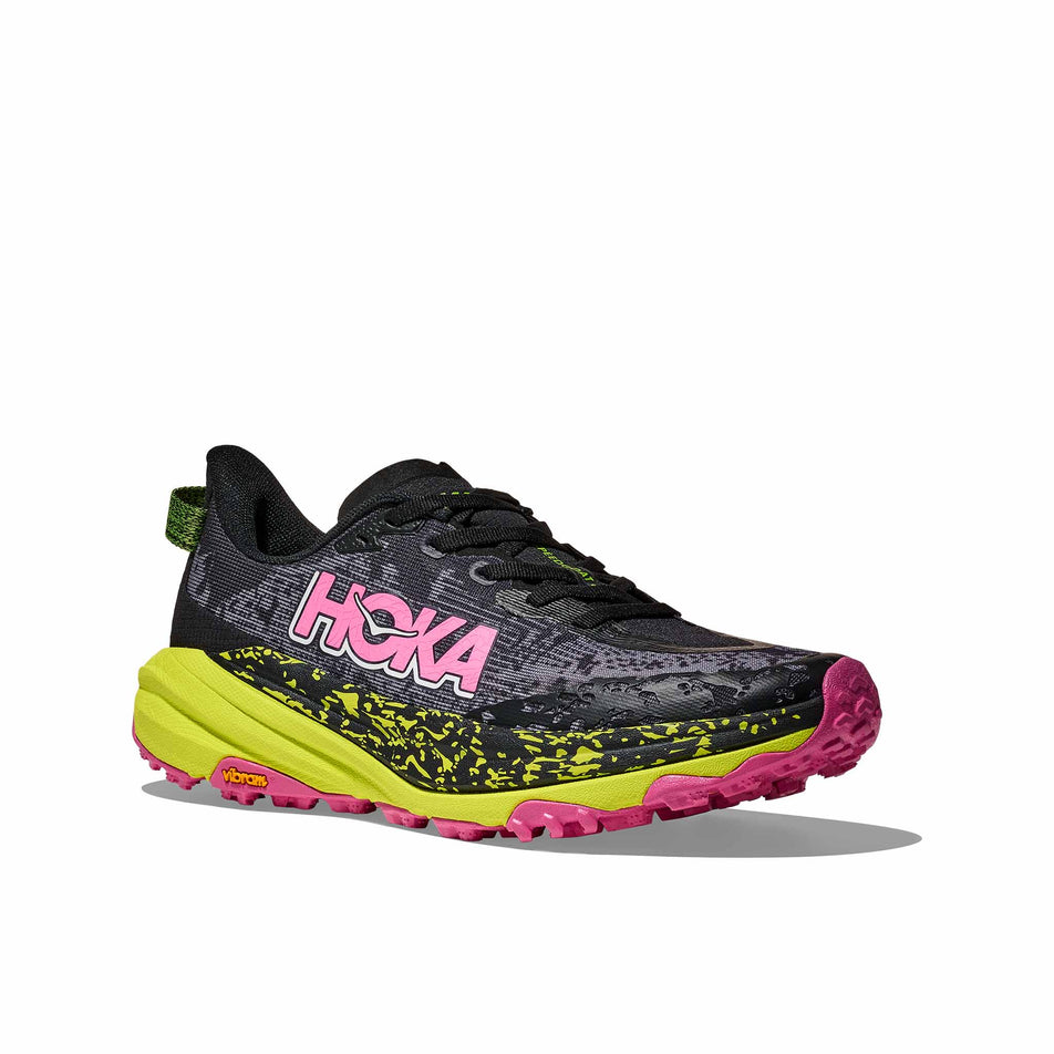Lateral view of the right shoe from a pair of HOKA Women's Speedgoat 6 Running Shoes in the Black/Neon Hoka Citrus colourway. (8689341759650)