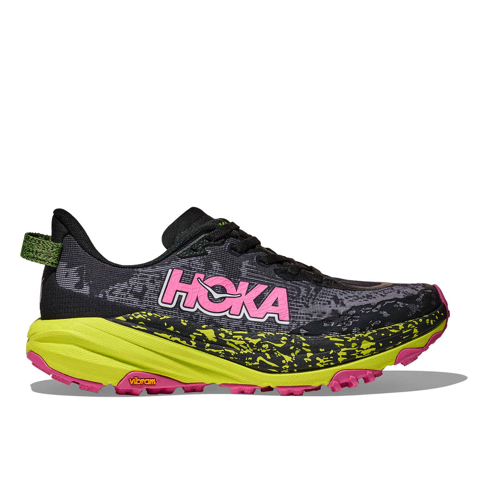 Lateral view of the right shoe from a pair of HOKA Women's Speedgoat 6 Running Shoes in the Black/Neon Hoka Citrus colourway.(8689341759650)