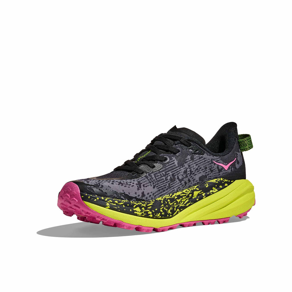 Medial view of the right shoe from a pair of HOKA Women's Speedgoat 6 Running Shoes in the Black/Neon Hoka Citrus colourway. (8689341759650)