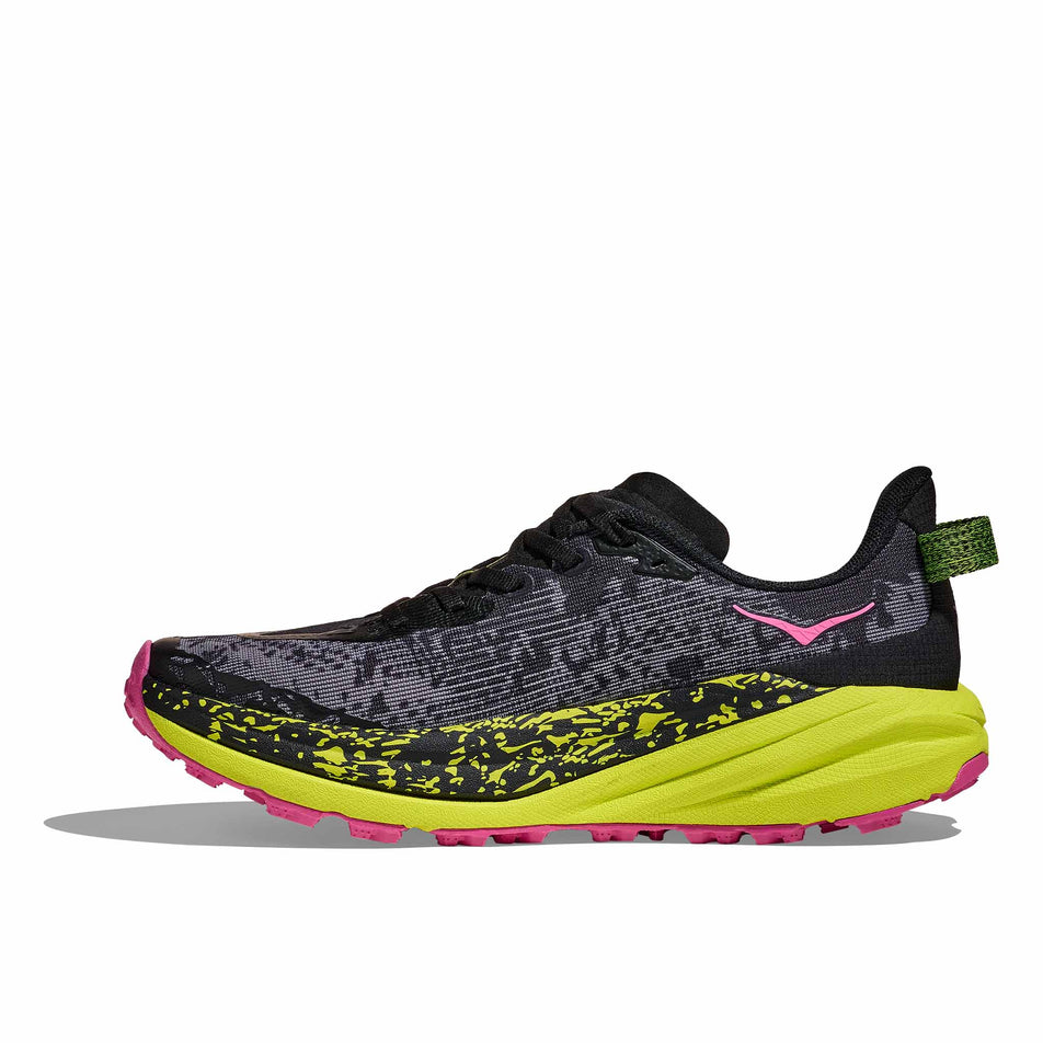 Medial view of the right shoe from a pair of HOKA Women's Speedgoat 6 Running Shoes in the Black/Neon Hoka Citrus colourway. (8689341759650)