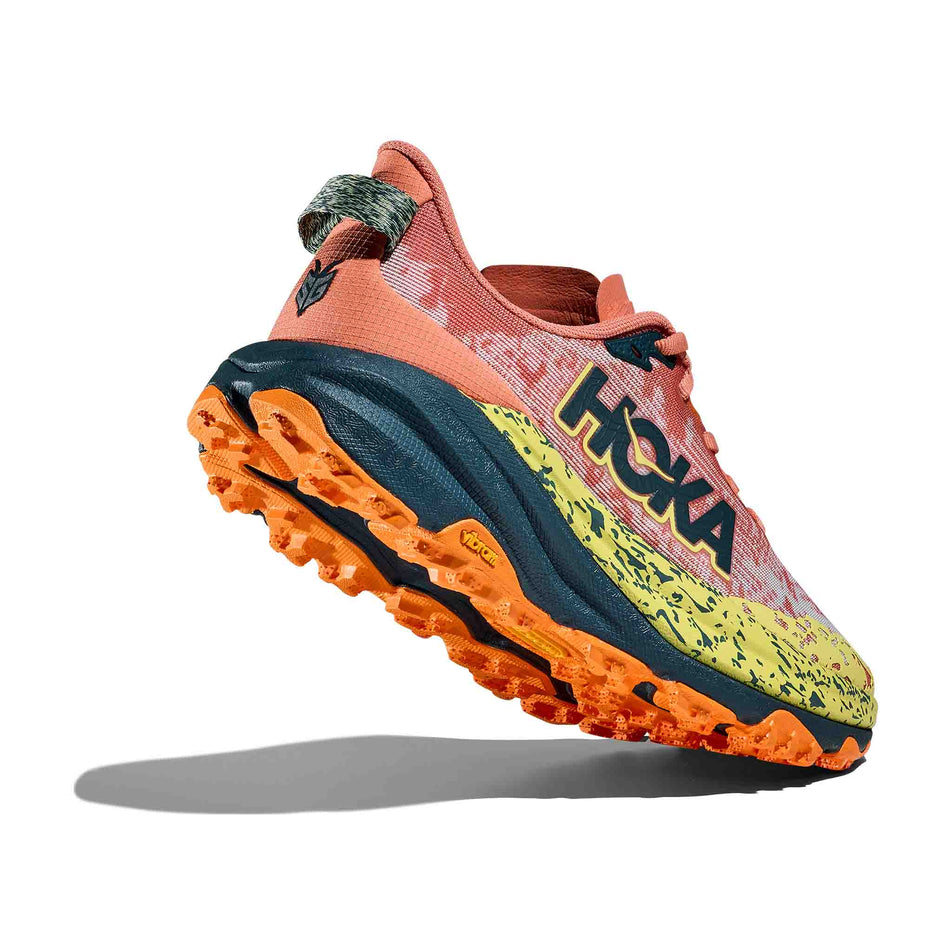 Lateral view - and outsole - of the right shoe from a pair of HOKA Women's Speedgoat 5 Running Shoes in the Feldspar/Blue Twilight colourway. (8637875159202)