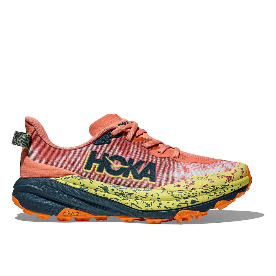 Lateral view of the right shoe from a pair of HOKA Women's Speedgoat 5 Running Shoes in the Feldspar/Blue Twilight colourway. (8637875159202)