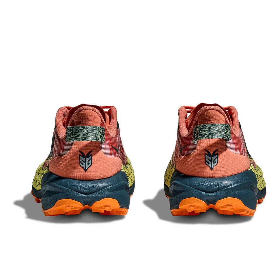 The back of a pair of HOKA Women's Speedgoat 5 Running Shoes in the Feldspar/Blue Twilight colourway. (8637875159202)