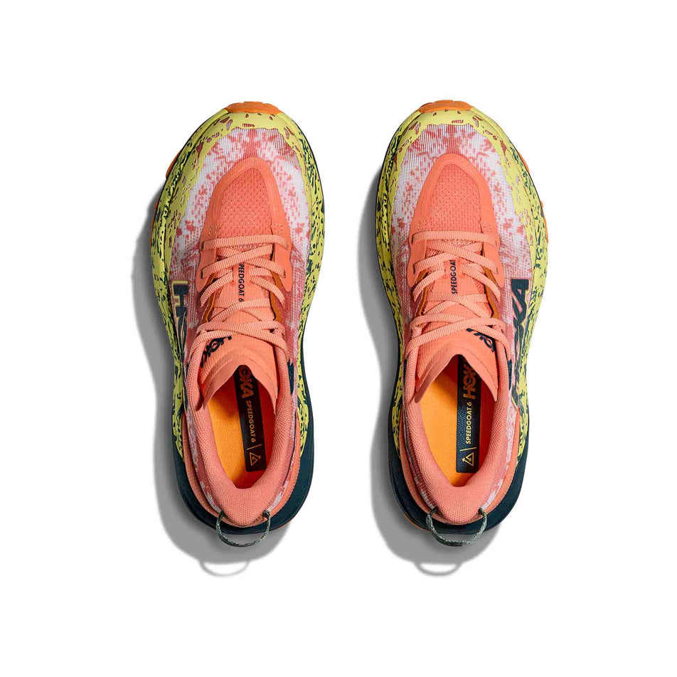 The uppers of a pair of HOKA Women's Speedgoat 5 Running Shoes in the Feldspar/Blue Twilight colourway. (8637875159202)