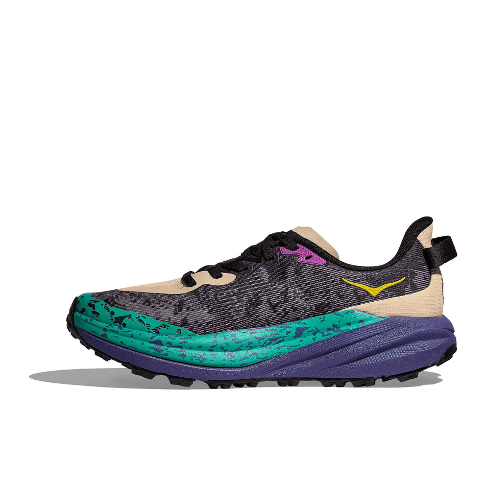 Medial side of the right shoe from a pair of HOKA Women's Speedgoat 6 Running Shoes in the Oatmeal/Mountain Iris colourway. (8561697128610)