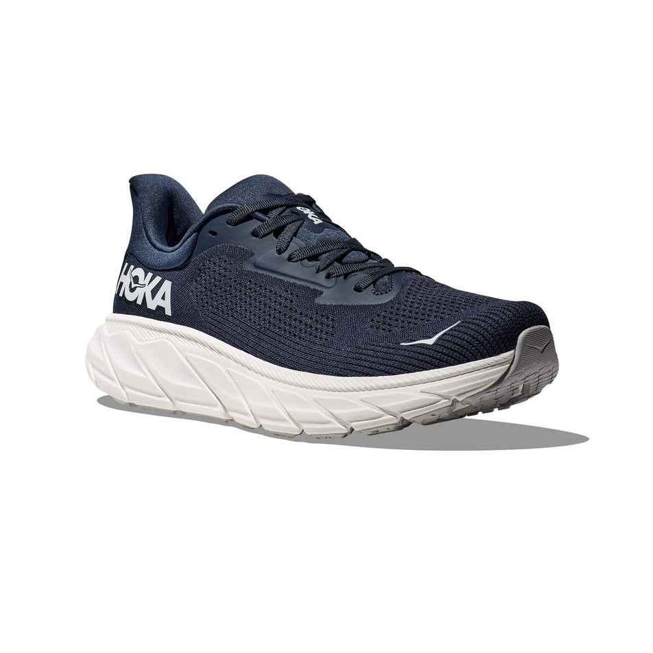 Lateral side of the right shoe from a pair of HOKA Men's Arahi 7 Running Shoes in the Outer Space/White colourway (8144924115106)