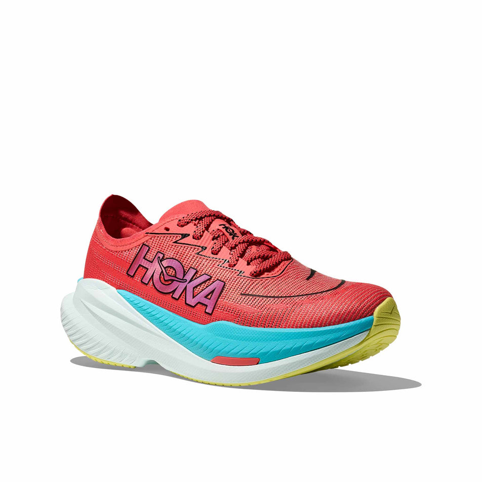 Lateral side of the right shoe from a pair of HOKA Men's Mach X 2 Running Shoes in the Grapefruit/Electrical Coral colourway. (8580357849250)