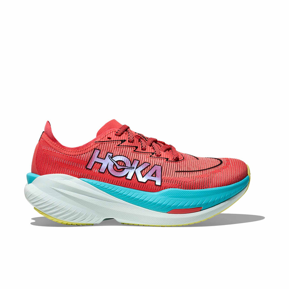 Lateral side of the right shoe from a pair of HOKA Men's Mach X 2 Running Shoes in the Grapefruit/Electrical Coral colourway. (8580357849250)