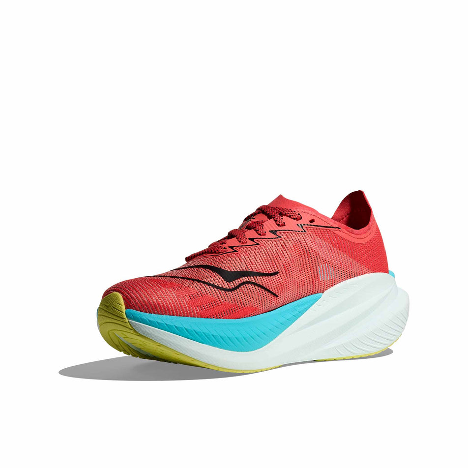 Medial side of the right shoe from a pair of HOKA Men's Mach X 2 Running Shoes in the Grapefruit/Electrical Coral colourway. (8580357849250)