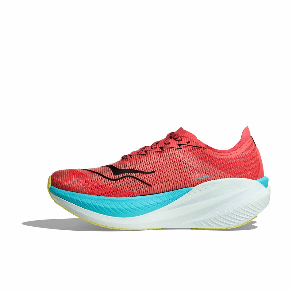 Medial side of the right shoe from a pair of HOKA Men's Mach X 2 Running Shoes in the Grapefruit/Electrical Coral colourway. (8580357849250)