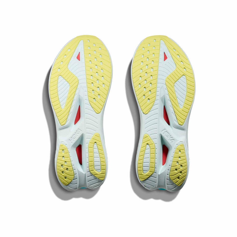 The outsoles on a pair of HOKA Men's Mach X 2 Running Shoes in the Grapefruit/Electrical Coral colourway. (8580357849250)